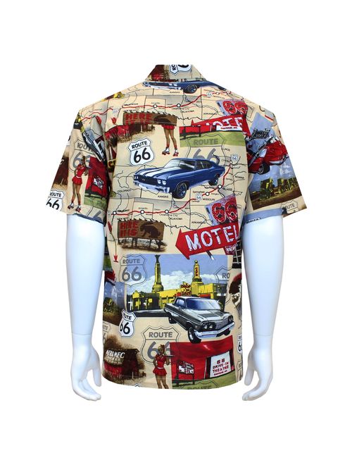 David Donahue David Carey Chevy Route 66 Camp Shirt - Retro Inspired - Button Up Collared Short Sleeve Tan Club Shirt