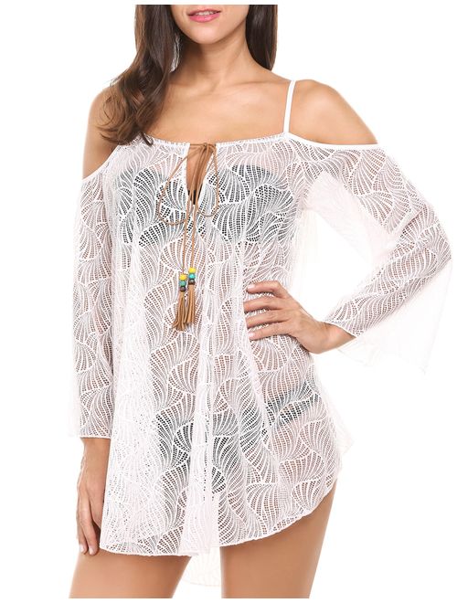 Zeagoo Women's Fashion Sexy Cold Shoulder Long Sleeve Hollow Crochet Lace Asymmetrical Beach Cover-up