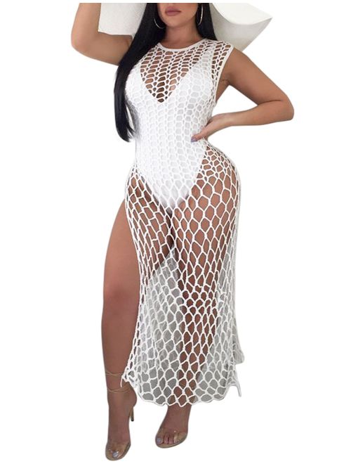 VWIWV Women's Sexy Bathing Suit Handmade Crochet Swimsuit Cover Up Bikini Beach Slit Maxi Dress