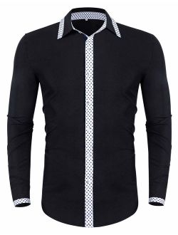 poriff Men's Casual Long Sleeve Polka Dot Dress Shirt Slim Fit Button Down Shirts