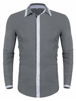 poriff Men's Casual Long Sleeve Polka Dot Dress Shirt Slim Fit Button Down Shirts