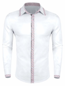 poriff Men's Casual Long Sleeve Polka Dot Dress Shirt Slim Fit Button Down Shirts