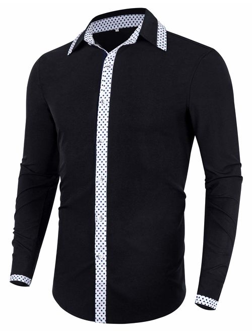 poriff Men's Casual Long Sleeve Polka Dot Dress Shirt Slim Fit Button Down Shirts