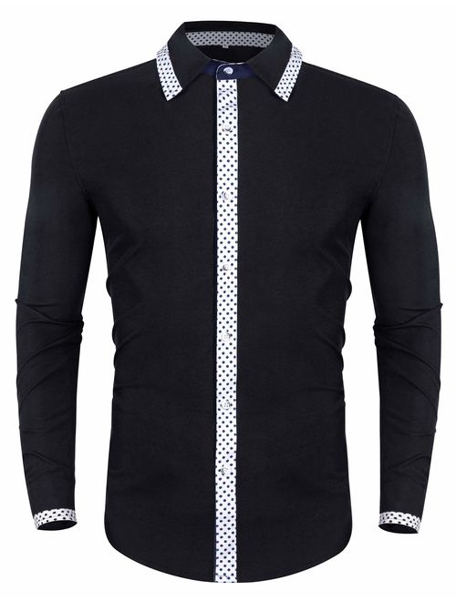 poriff Men's Casual Long Sleeve Polka Dot Dress Shirt Slim Fit Button Down Shirts