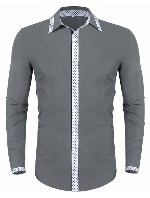 poriff Men's Casual Long Sleeve Polka Dot Dress Shirt Slim Fit Button Down Shirts