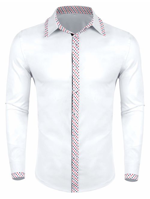 poriff Men's Casual Long Sleeve Polka Dot Dress Shirt Slim Fit Button Down Shirts