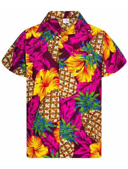 King Kameha Hawaiian Shirt for Men Funky Casual Button Down Very Loud Shortsleeve Unisex Pineapple Hibiscus