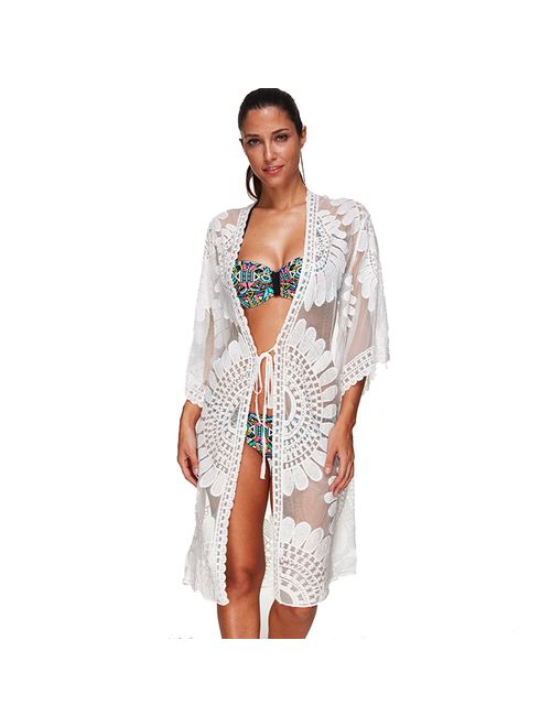 Swimsuit Coverups Ladies Sexy Bikini Cover up for Beach Bathing,See-Through White Floral Lace,Plus Size fit All