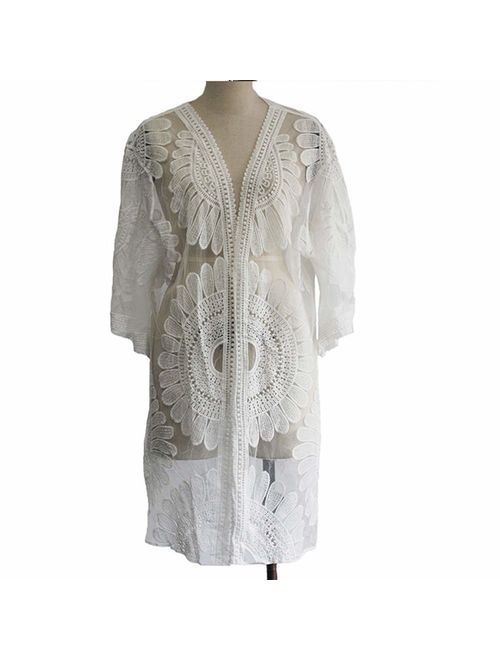 Swimsuit Coverups Ladies Sexy Bikini Cover up for Beach Bathing,See-Through White Floral Lace,Plus Size fit All