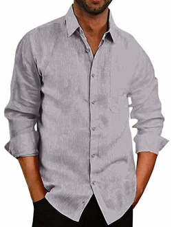 Aimeilgot Mens Long Sleeve Shirts Button Down Linen Cotton Fishing Tees Spread Collar Plain Shirts