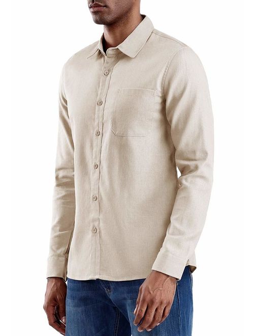 Aimeilgot Mens Long Sleeve Shirts Button Down Linen Cotton Fishing Tees Spread Collar Plain Shirts