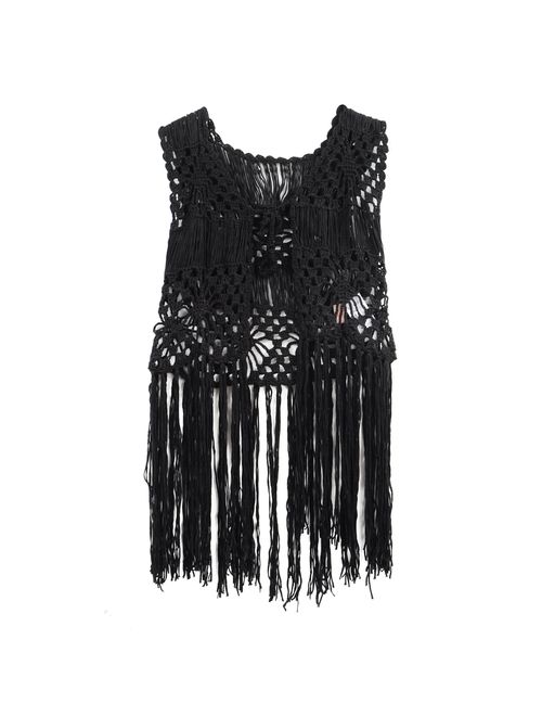 Acemi Sleeveless Crochet Long Tassels Fringe Vest 70s Cover up Hippie Clothes for Women Free Size