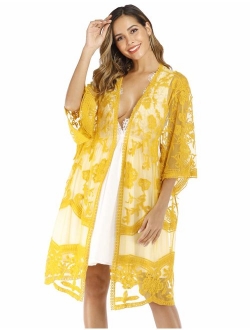 Women's Lace Cardigan Floral Crochet Sheer Beach Bikini Cover Ups Long Open Kimono