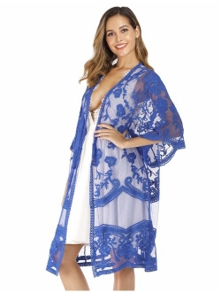 Women's Lace Cardigan Floral Crochet Sheer Beach Bikini Cover Ups Long Open Kimono