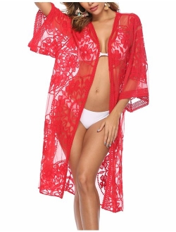 Women's Lace Cardigan Floral Crochet Sheer Beach Bikini Cover Ups Long Open Kimono