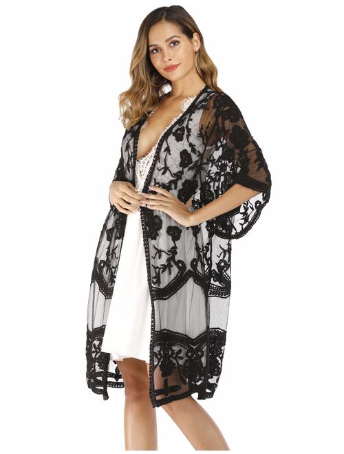 Women's Lace Cardigan Floral Crochet Sheer Beach Bikini Cover Ups Long Open Kimono