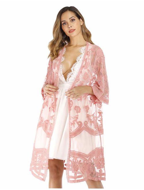 Women's Lace Cardigan Floral Crochet Sheer Beach Bikini Cover Ups Long Open Kimono