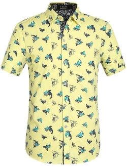 SSLR Men's Shark Printed Casual Button Down Short Sleeve Shirt