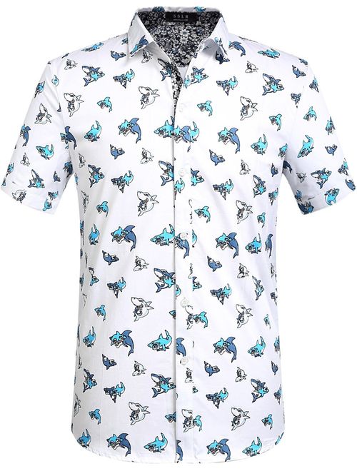 SSLR Men's Shark Printed Casual Button Down Short Sleeve Shirt