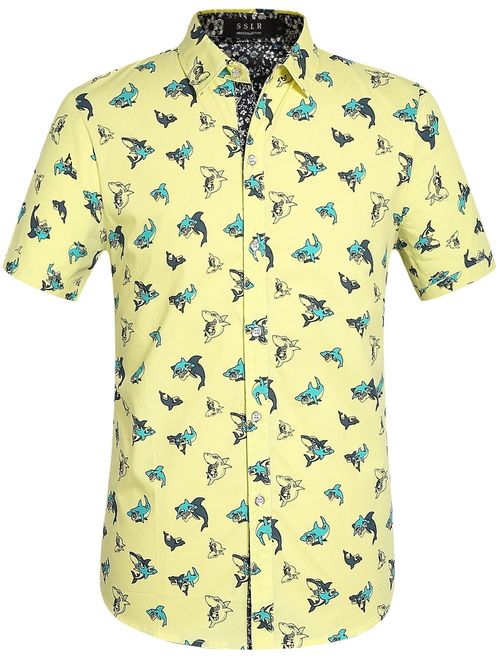 SSLR Men's Shark Printed Casual Button Down Short Sleeve Shirt