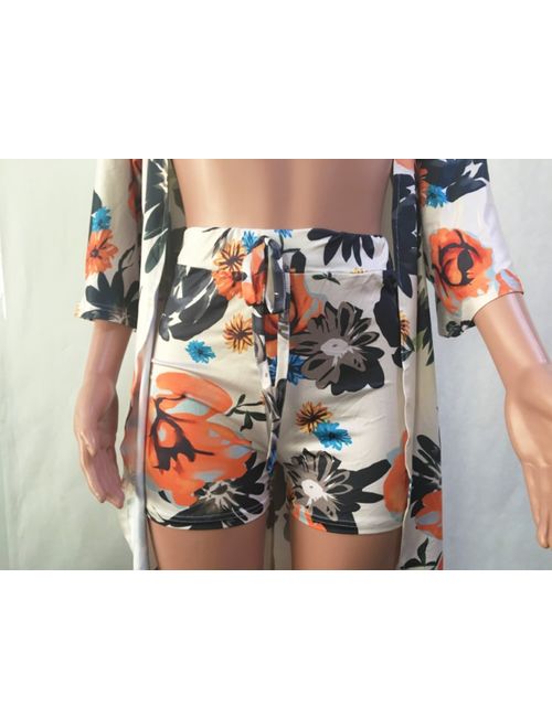 Women's 2 Piece Floral Print Outfits Set Cardigan Cover-Up+Shorts