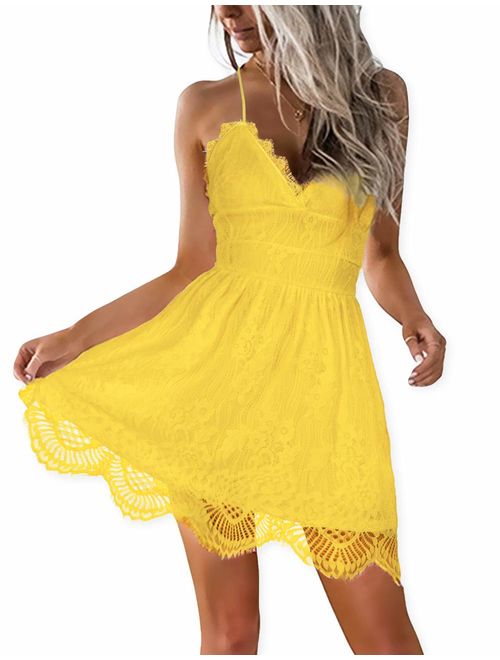 AOOKSMERY Women Summer V-Neck Spaghetti Straps Lace Backless Party Club Beach Mini Midi Dresses