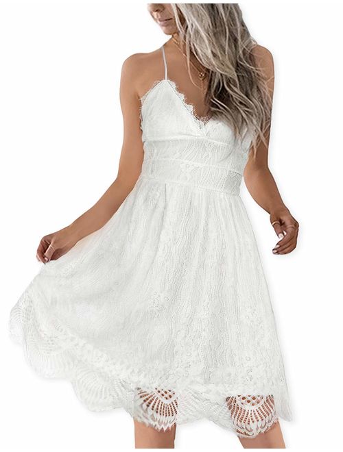 AOOKSMERY Women Summer V-Neck Spaghetti Straps Lace Backless Party Club Beach Mini Midi Dresses