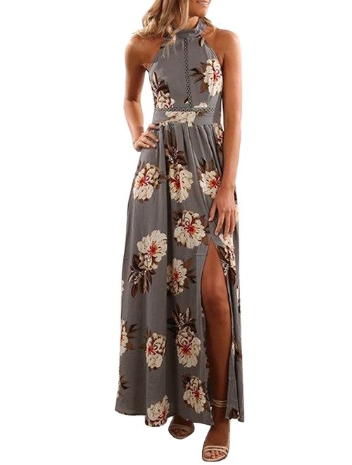 ZESICA Halter Neck Floral Print Backless Thigh High Slit Beach Party Maxi Dress