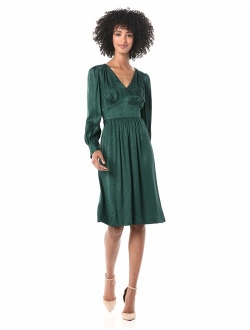 Women's Long Sleeve V-Neck Dress with Seamed Waist