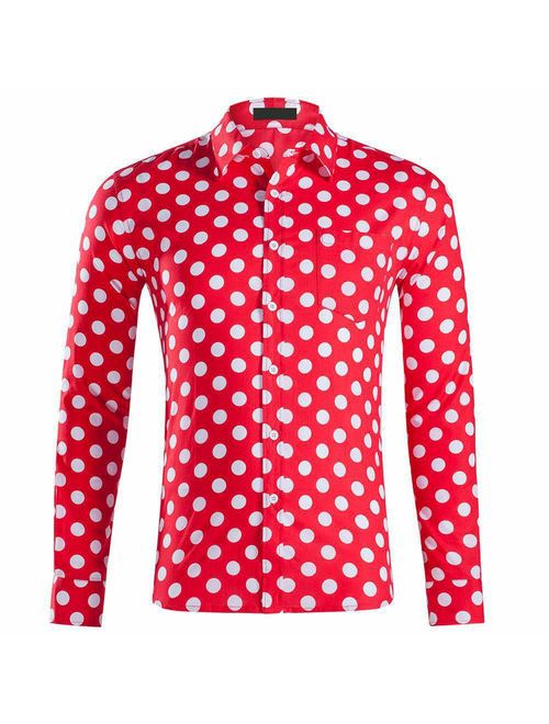 TOSKIP Men's Casual Dress Cotton Polka Dots Long Sleeve Fitted Button Down Shirts