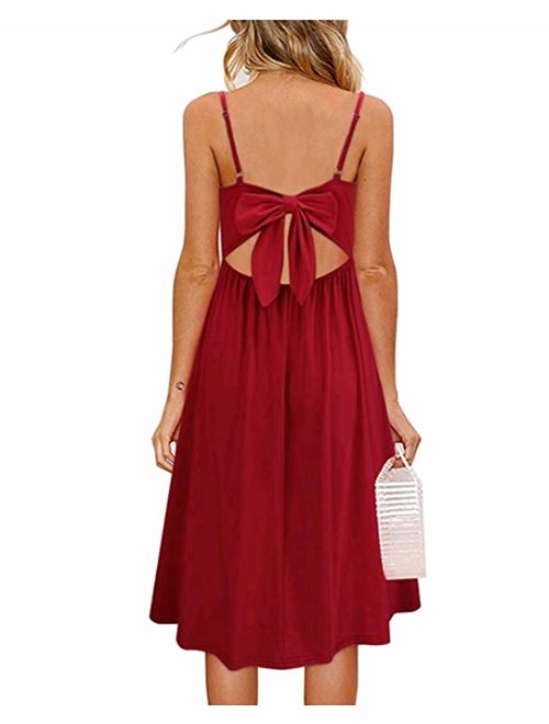 OUGES Womens Summer Backless Adjustable Spaghetti Strap Tie Back Plain Dress