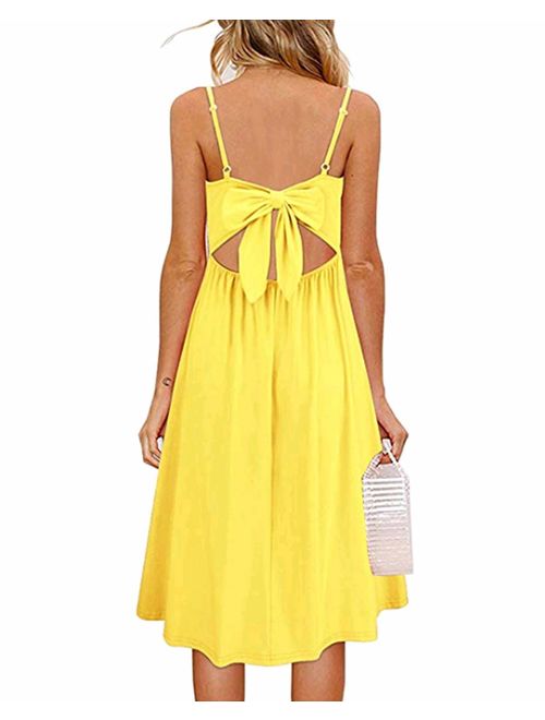 OUGES Womens Summer Backless Adjustable Spaghetti Strap Tie Back Plain Dress