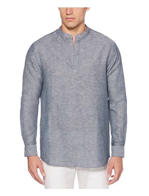 Perry Ellis Men's Long-Sleeve Solid Linen Cotton Popover Shirt