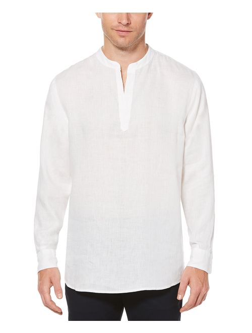 Perry Ellis Men's Long-Sleeve Solid Linen Cotton Popover Shirt