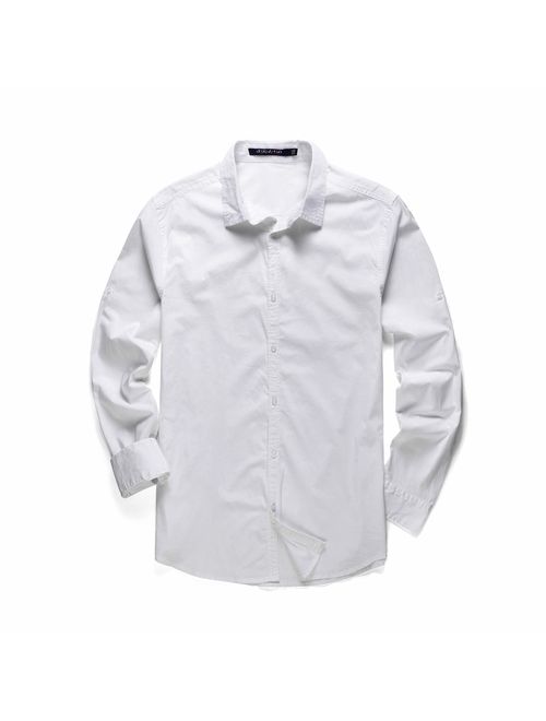 MCLOANTH Men's Long Sleeves Button Down Solid Regular Fit Shirts 100% Cotton Rolled-up Casual Shirts