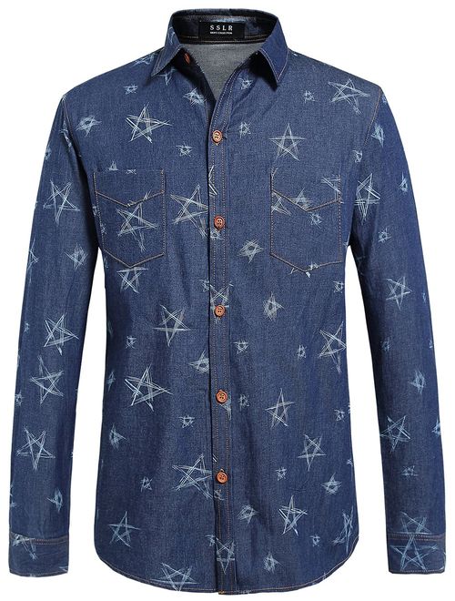 SSLR Men's Pentacle Printed Button Down Long Sleeve Casual Denim Shirt