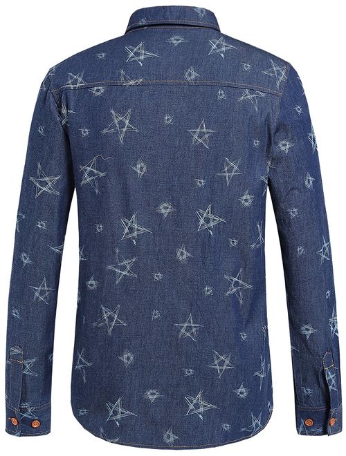 SSLR Men's Pentacle Printed Button Down Long Sleeve Casual Denim Shirt