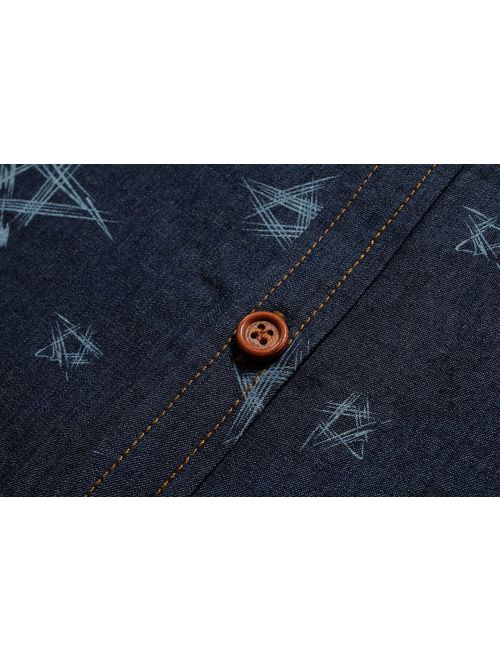 SSLR Men's Pentacle Printed Button Down Long Sleeve Casual Denim Shirt