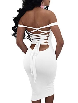 BEAGIMEG Women's Sexy Lace Up Backless Bodycon Midi Party Club Dress