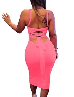 BEAGIMEG Women's Sexy Lace Up Backless Bodycon Midi Party Club Dress