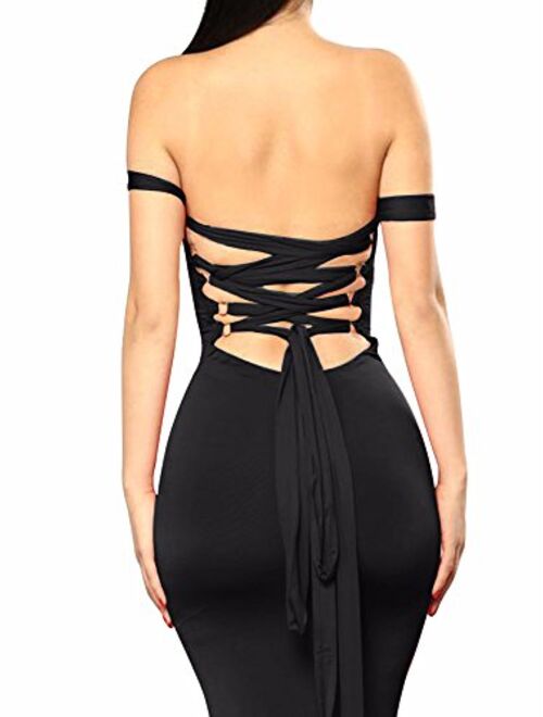 BEAGIMEG Women's Sexy Lace Up Backless Bodycon Midi Party Club Dress