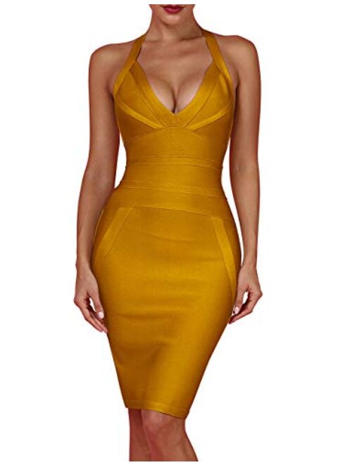 whoinshop Women's Deep V-Neck Backless Halter Bodycon Cocktail Party Bandage Dress