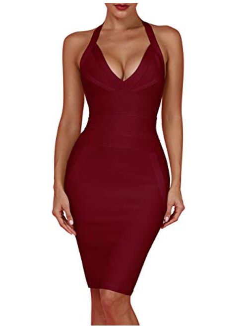 whoinshop Women's Deep V-Neck Backless Halter Bodycon Cocktail Party Bandage Dress