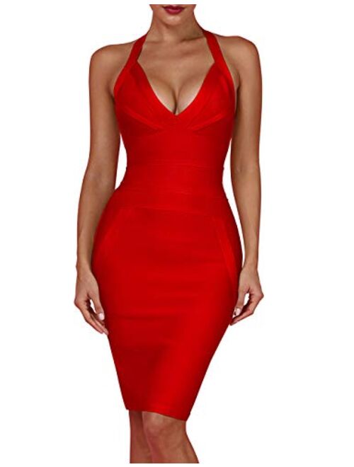 whoinshop Women's Deep V-Neck Backless Halter Bodycon Cocktail Party Bandage Dress