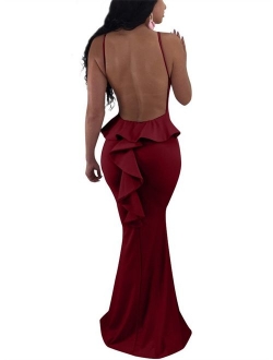 GOBLES Women Sexy Spaghetti Strap Backless Ruffle Bodycon Evening Mermaid Maxi Dress