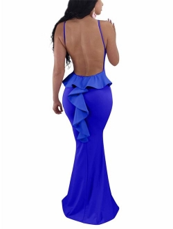 GOBLES Women Sexy Spaghetti Strap Backless Ruffle Bodycon Evening Mermaid Maxi Dress