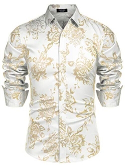 Men's Rose Shiny Silk Shirt Luxury Flowered Printed Button Down Shirt