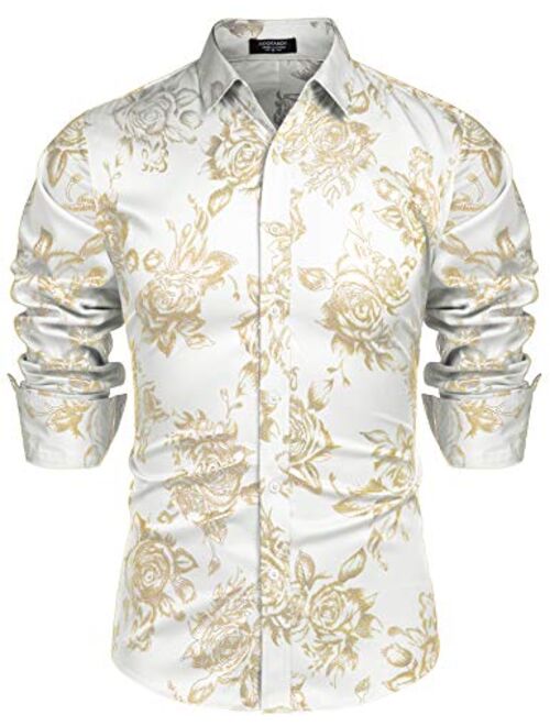 COOFANDY Men's Rose Shiny Silk Shirt Luxury Flowered Printed Button Down Shirt