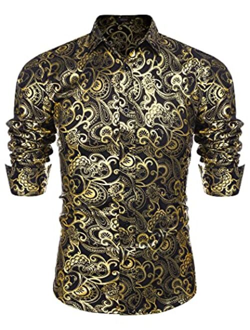 COOFANDY Men's Rose Shiny Silk Shirt Luxury Flowered Printed Button Down Shirt