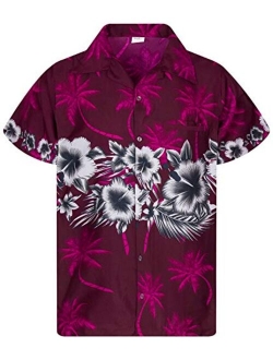 Funky Hawaiian Shirt Men Shortsleeve Frontpocket Hawaiian-Print Leaves Flowers Chest Border Print